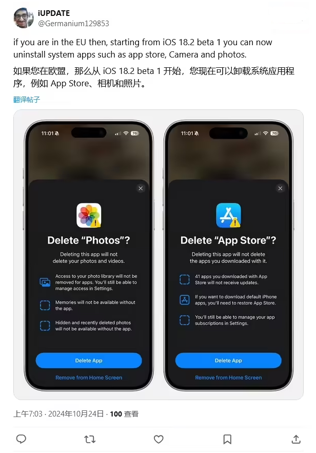 南城苹果手机维修分享iOS 18.2 支持删除 App Store 应用商店 