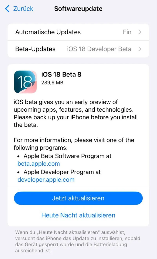 南城苹果手机维修分享苹果 iOS / iPadOS 18 开发者预览版 Beta 8 发布 